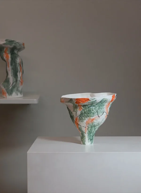 Designer Jingdezhen Painted Sculptural Vase, Tall or Short in multicolour — in a room setting