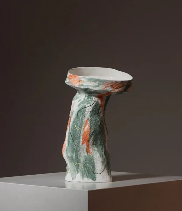 Designer Jingdezhen Painted Sculptural Vase, Tall or Short in multicolour — in a room setting
