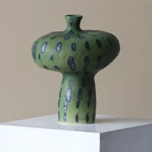 Artist-Made Green Spotted Mushroom Vase with Small Neck in olive — front view