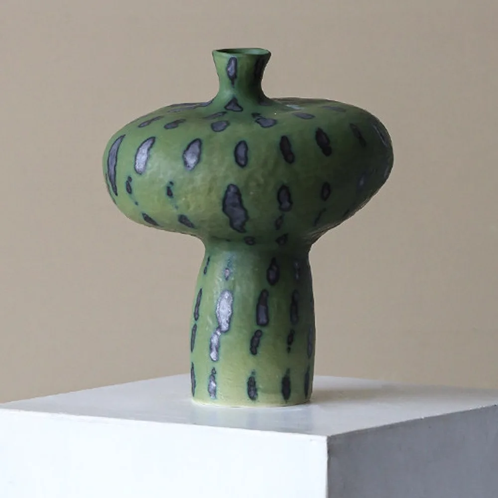 Artist-Made Green Spotted Mushroom Vase with Small Neck in olive — front view