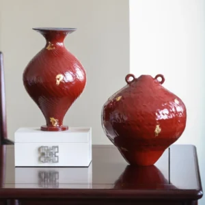 Designer Jingdezhen Red Lacquer-Glaze Vases with Gold Leaf in red — front view
