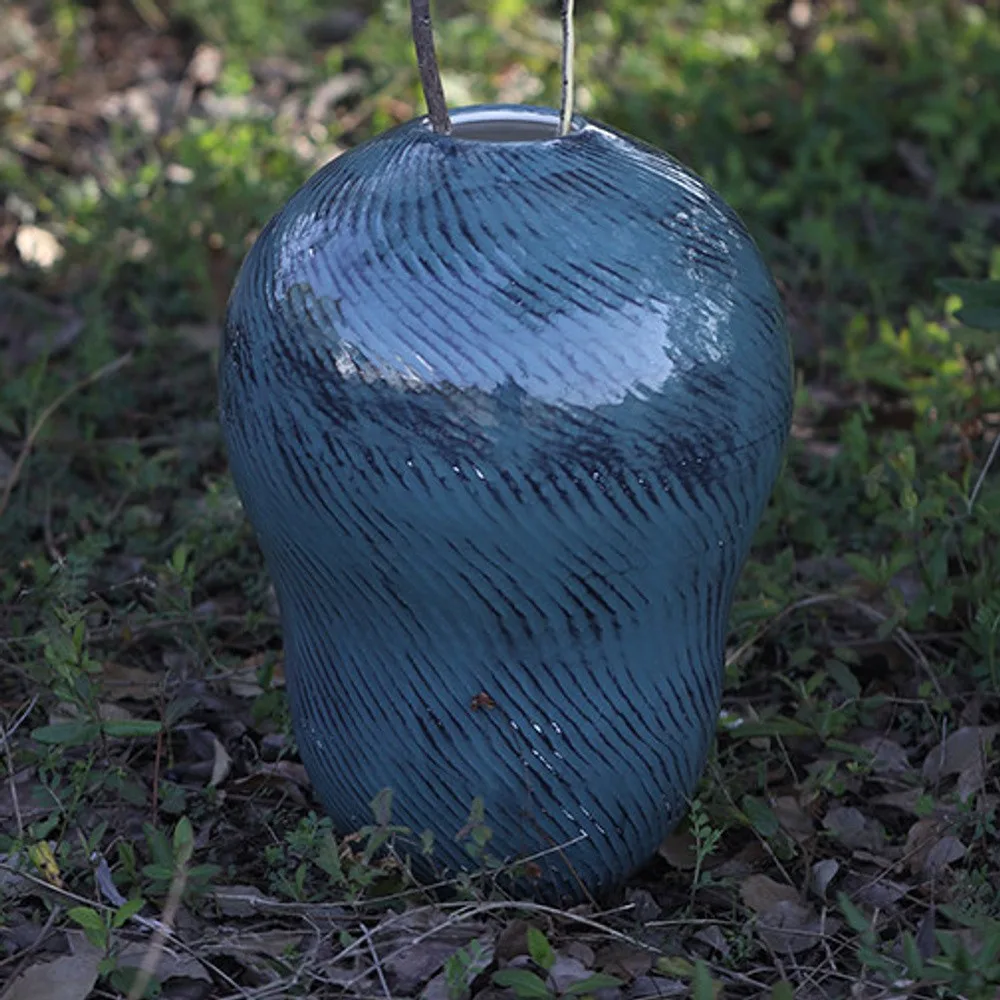 Designer Jingdezhen Glossy Blue Twisted Rib Jar Vase, Large in blue — front view