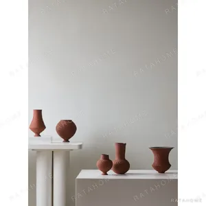 Jingdezhen Combed Red Stoneware Vase, Three Sizes in rust — in a room setting