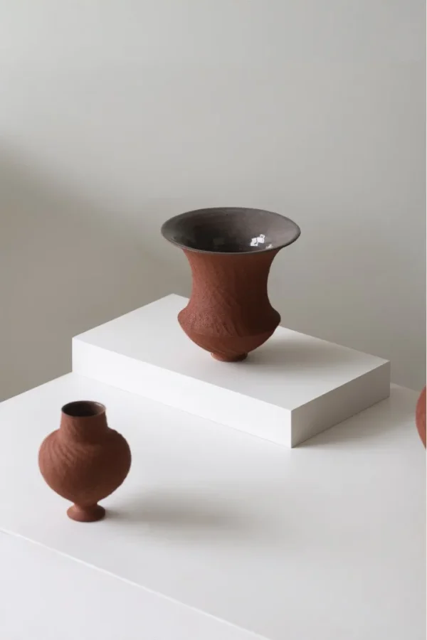 Jingdezhen Combed Red Stoneware Vase, Three Sizes in rust — in a room setting