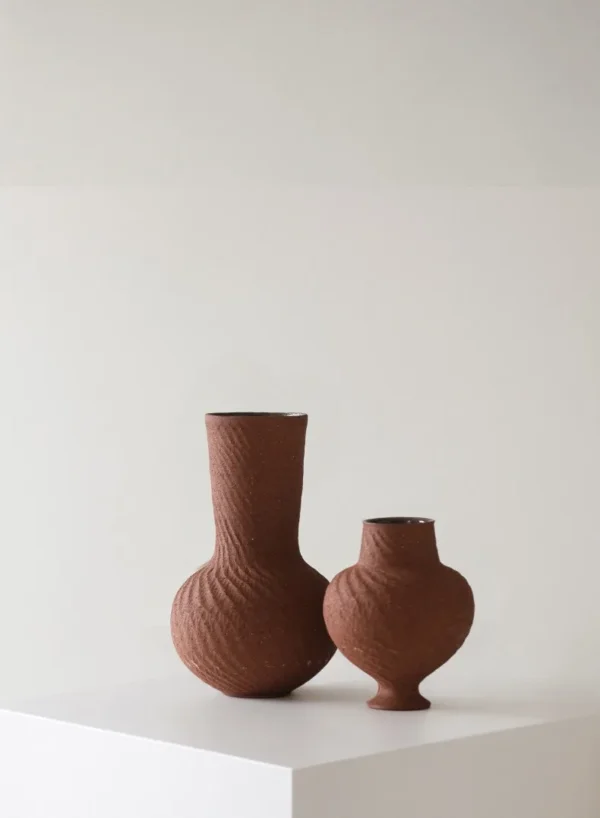 Jingdezhen Combed Red Stoneware Vase, Three Sizes in rust — in a room setting