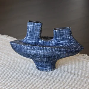 Artist-Made Blue Wash Twin-Neck Sculptural Vase in blue — front view