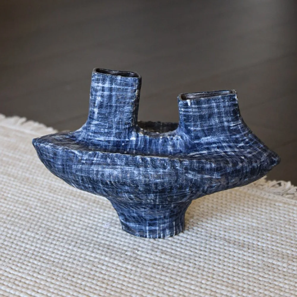 Artist-Made Blue Wash Twin-Neck Sculptural Vase in blue — front view