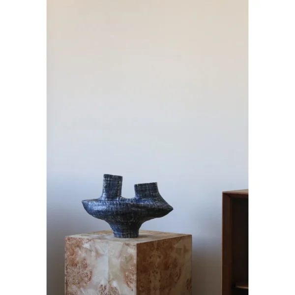 Artist-Made Blue Wash Twin-Neck Sculptural Vase in blue — in a room setting