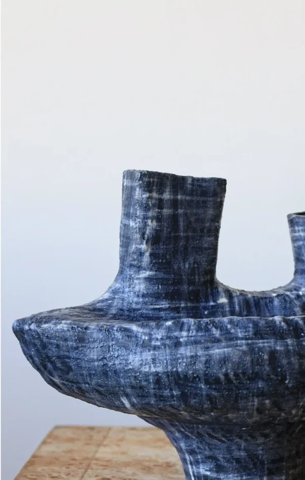 Artist-Made Blue Wash Twin-Neck Sculptural Vase in blue — in a room setting
