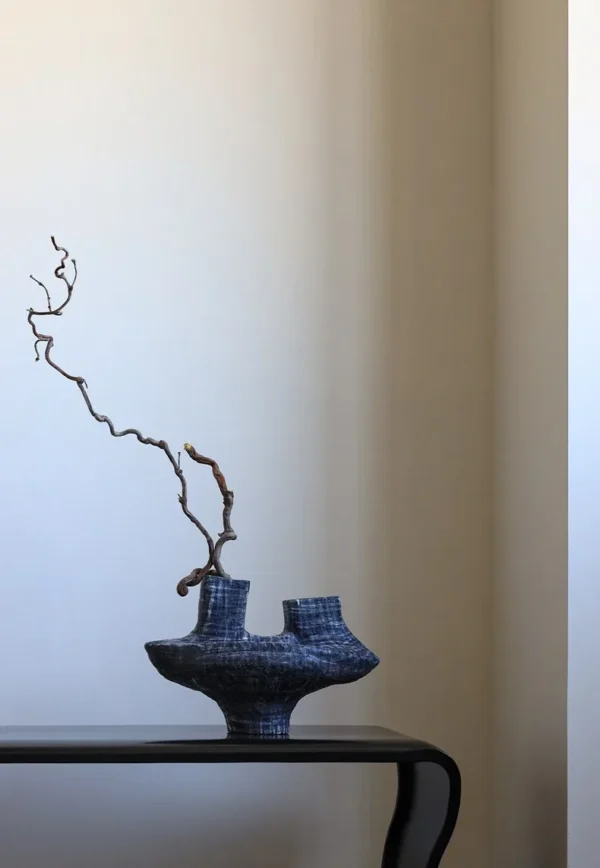 Artist-Made Blue Wash Twin-Neck Sculptural Vase in blue — in a room setting