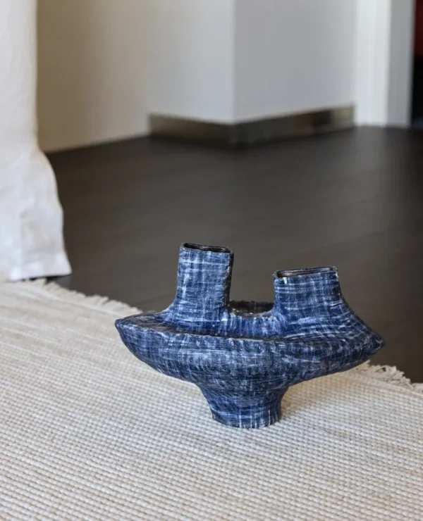 Artist-Made Blue Wash Twin-Neck Sculptural Vase in blue — in a room setting