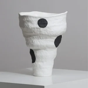 Designer Jingdezhen White Folded Vase with Black Spots in ivory — front view