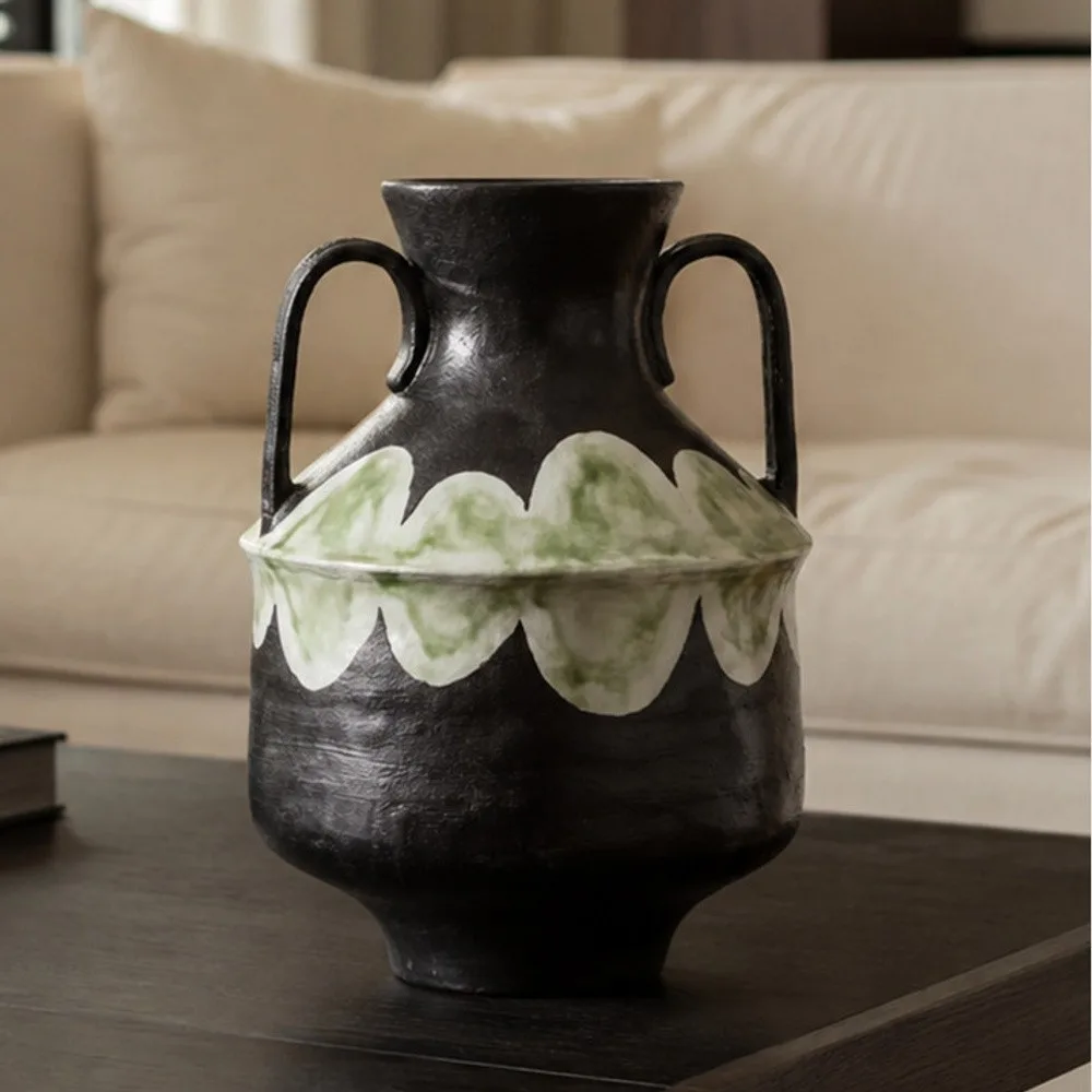 Artist-Made Twin-Handle Black Amphora Vase in black — front view