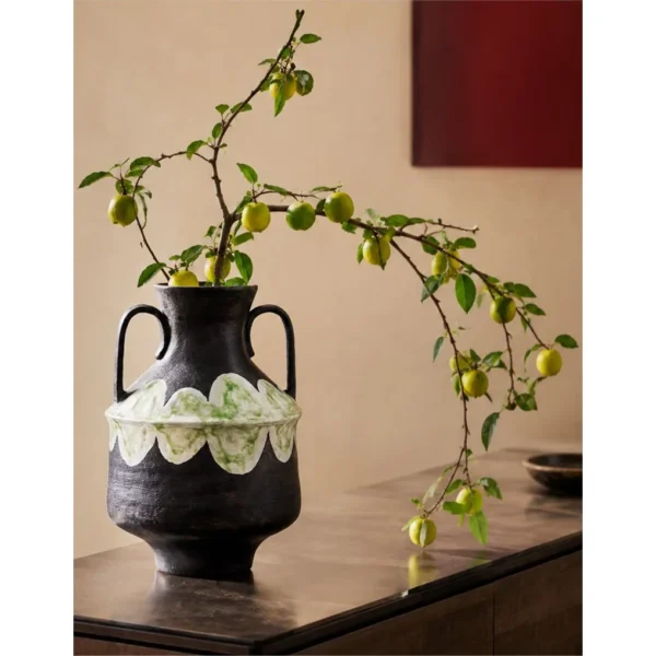 Artist-Made Twin-Handle Black Amphora Vase in black — in a room setting