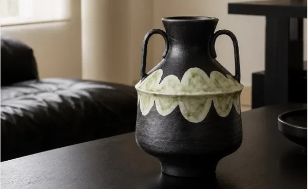 Artist-Made Twin-Handle Black Amphora Vase in black — in a room setting