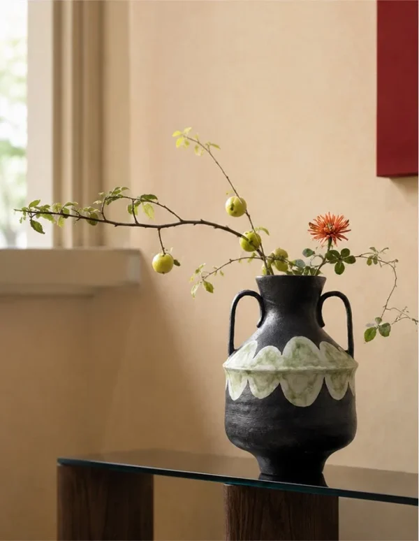 Artist-Made Twin-Handle Black Amphora Vase in black — in a room setting