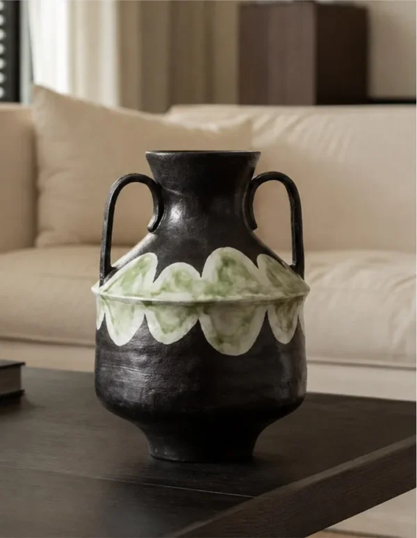 Artist-Made Twin-Handle Black Amphora Vase in black — in a room setting