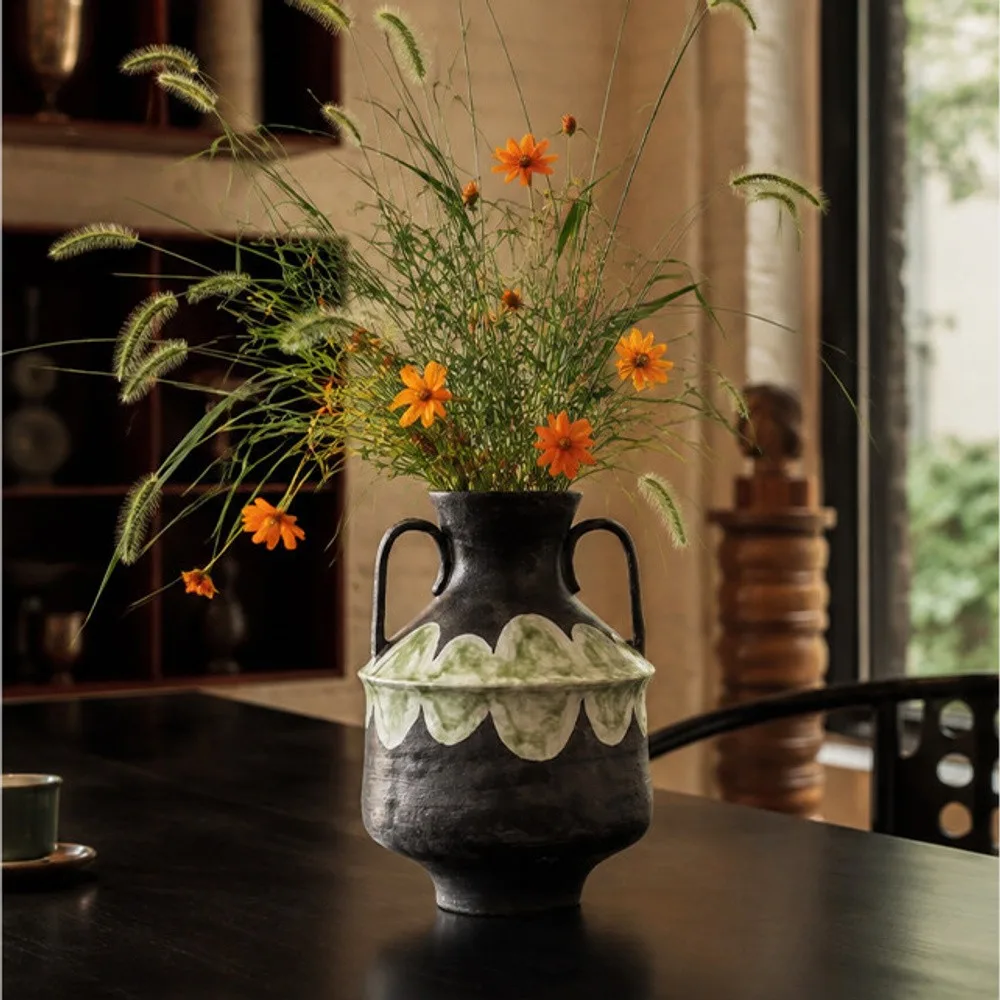 Artist-Made Twin-Ear Vase with Hand-Painted Scallop Band in black — front view