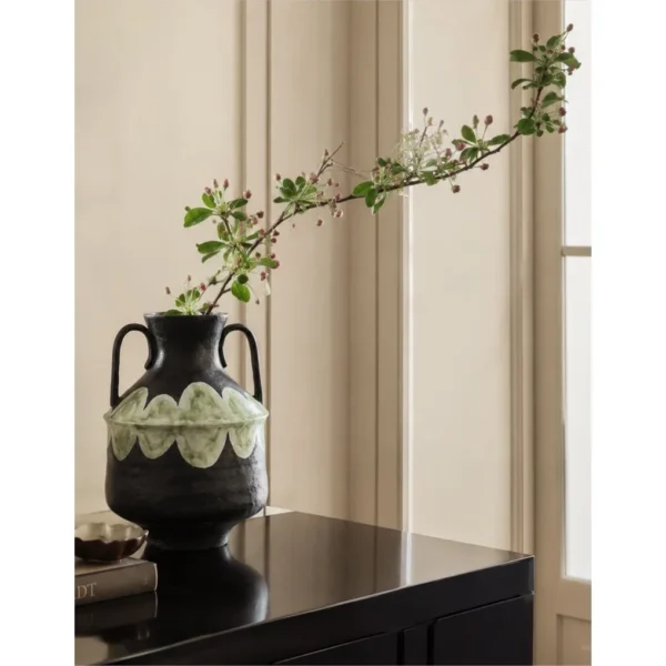 Artist-Made Twin-Ear Vase with Hand-Painted Scallop Band in black — in a room setting