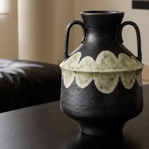 Artist-Made Twin-Ear Vase with Hand-Painted Scallop Band in black — in a room setting