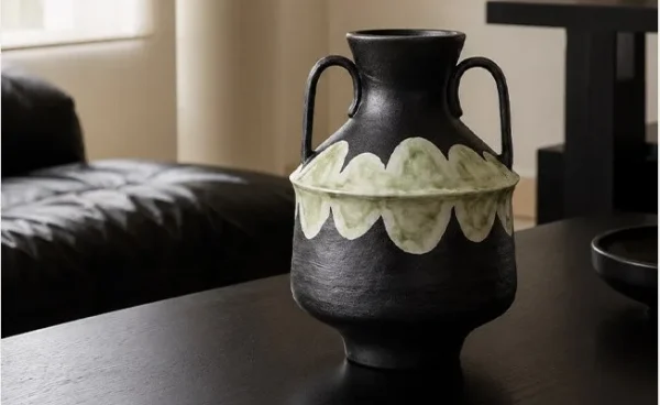 Artist-Made Twin-Ear Vase with Hand-Painted Scallop Band in black — in a room setting