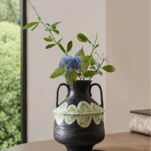 Artist-Made Twin-Ear Vase with Hand-Painted Scallop Band in black — in a room setting