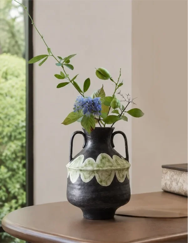 Artist-Made Twin-Ear Vase with Hand-Painted Scallop Band in black — in a room setting