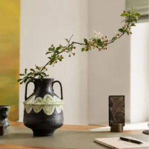 Artist-Made Twin-Ear Vase with Hand-Painted Scallop Band in black — in a room setting