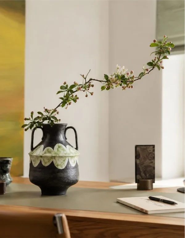 Artist-Made Twin-Ear Vase with Hand-Painted Scallop Band in black — in a room setting