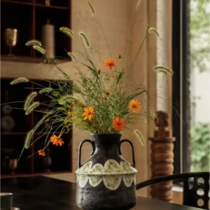 Artist-Made Twin-Ear Vase with Hand-Painted Scallop Band in black — in a room setting