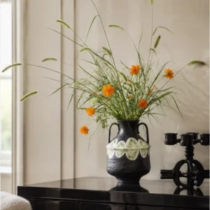 Artist-Made Twin-Ear Vase with Hand-Painted Scallop Band in black — in a room setting