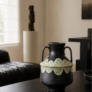 Artist-Made Twin-Ear Vase with Hand-Painted Scallop Band in black — in a room setting