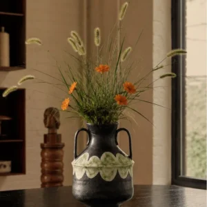 Artist-Made Twin-Ear Vase with Hand-Painted Scallop Band in black — in a room setting
