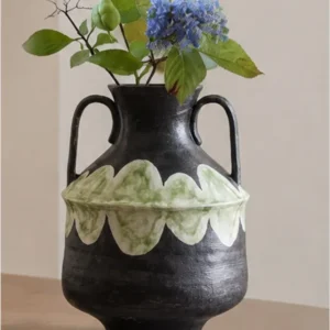Artist-Made Twin-Ear Vase with Hand-Painted Scallop Band in black — in a room setting