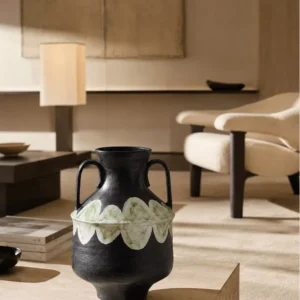 Artist-Made Twin-Ear Vase with Hand-Painted Scallop Band in black — in a room setting