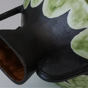 Artist-Made Twin-Ear Vase with Hand-Painted Scallop Band in black — in a room setting