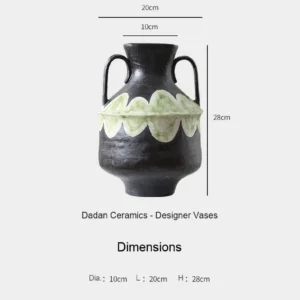 Artist-Made Twin-Ear Vase with Hand-Painted Scallop Band in black — dimensions