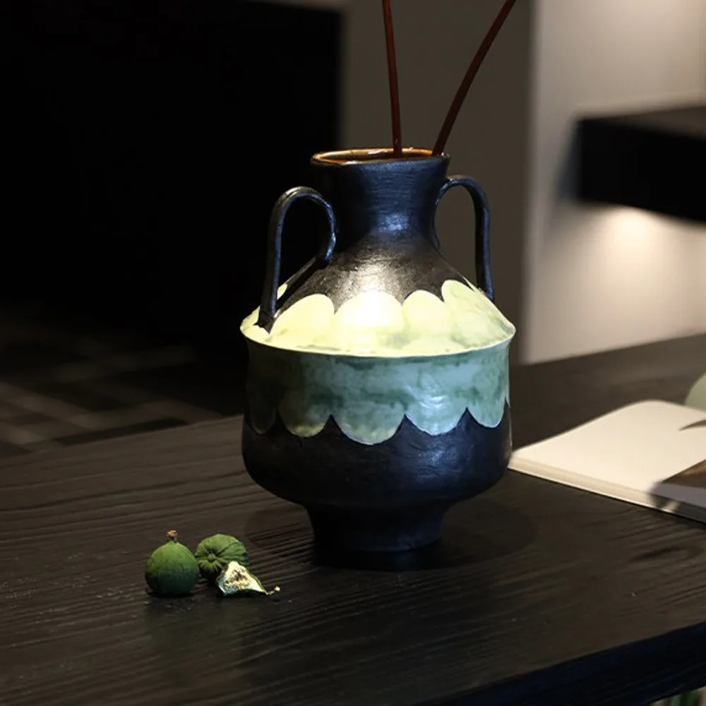 Artist-Made Black Twin-Ear Amphora with Green Scallop Band in black — front view