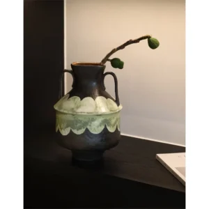 Artist-Made Black Twin-Ear Amphora with Green Scallop Band in black — in a room setting