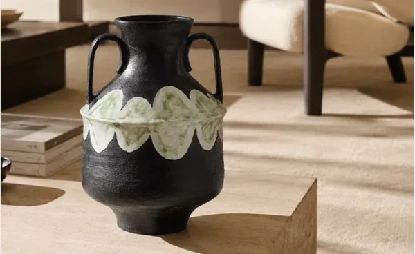Artist-Made Twin-Handle Black Amphora in black — in a room setting