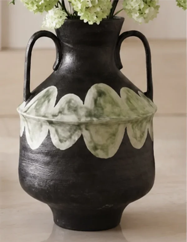Artist-Made Twin-Handle Black Amphora in black — in a room setting