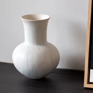 Artist-Made Mist Blue Flow Glaze Long-Neck Vase in ivory — front view