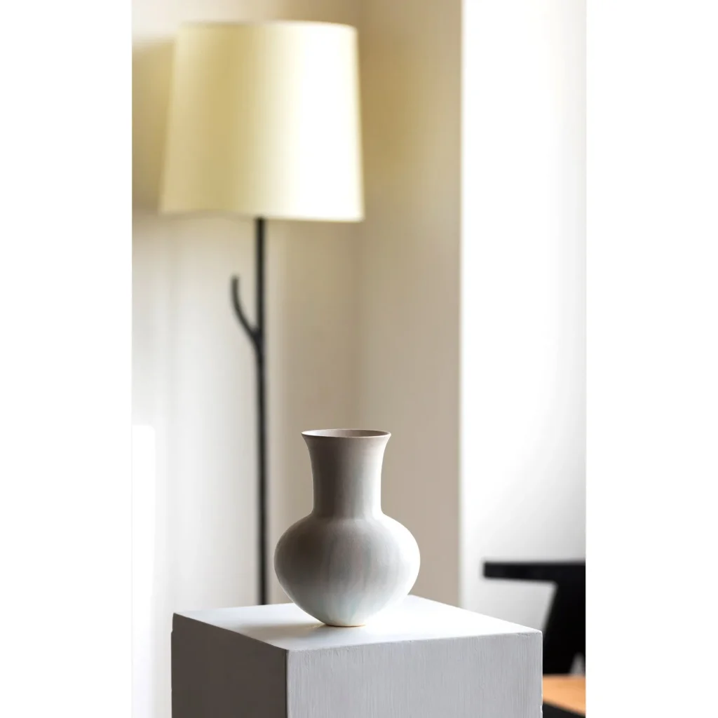 Artist-Made Mist Blue Flow Glaze Long-Neck Vase in ivory — in a room setting
