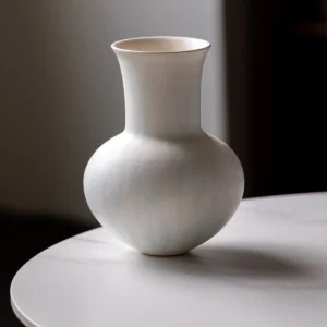Artist-Made Mist Blue Flow Glaze Long-Neck Vase in ivory — in a room setting