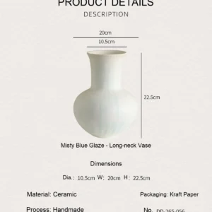 Artist-Made Mist Blue Flow Glaze Long-Neck Vase in ivory — dimensions