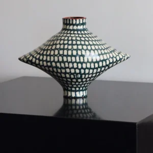 Artist-Made Teal Grid Diamond Vase with Red Rim in olive — front view