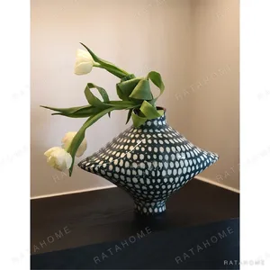 Artist-Made Teal Grid Diamond Vase with Red Rim in olive — in a room setting