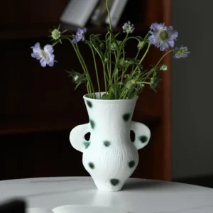 Artist-Made Green Moss Dot Twin-Ear Vase, Watertight in ivory — front view