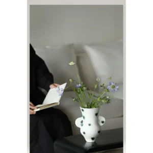 Artist-Made Green Moss Dot Twin-Ear Vase, Watertight in ivory — in a room setting