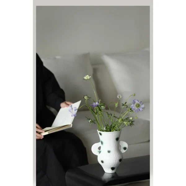 Artist-Made Green Moss Dot Twin-Ear Vase, Watertight in ivory — in a room setting